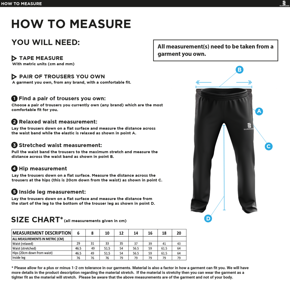 Old Woking CC - Women's Ripstop Track Pant - Size Guide