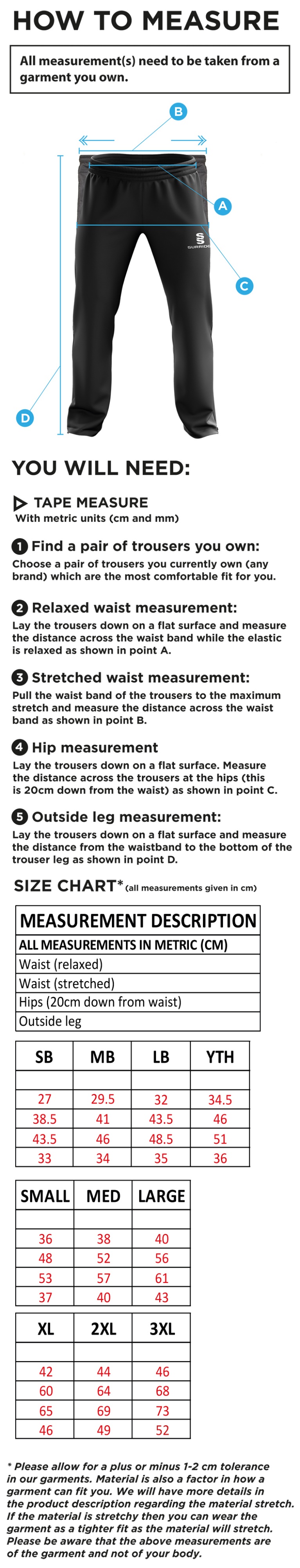 Old Woking CC - Ripstop Track Pant - Size Guide