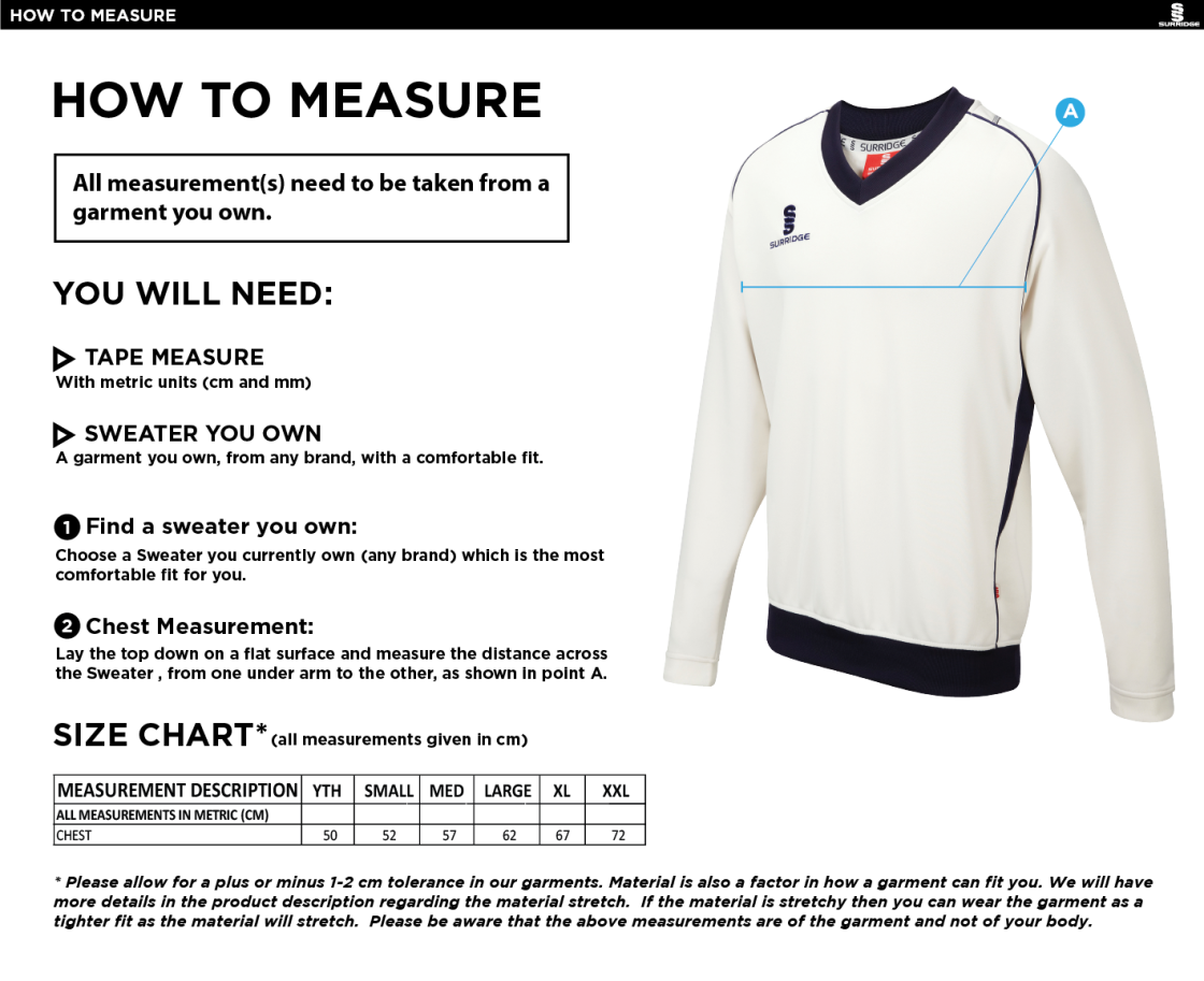 Old Woking CC - Long Sleeve Sweater Navy Trim - Size Guide