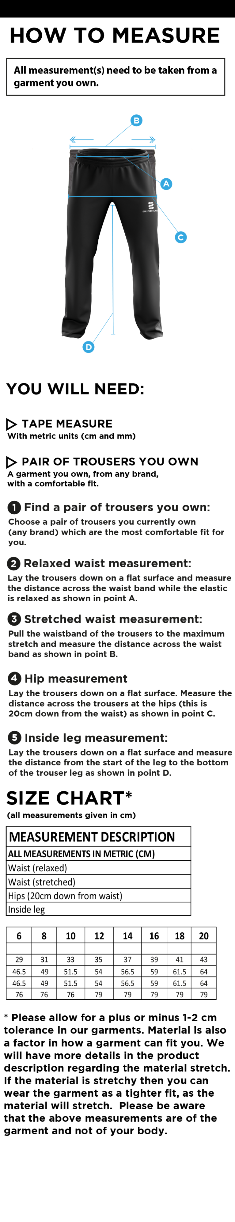 Old Woking CC - Women's Ripstop Track Pant - Size Guide