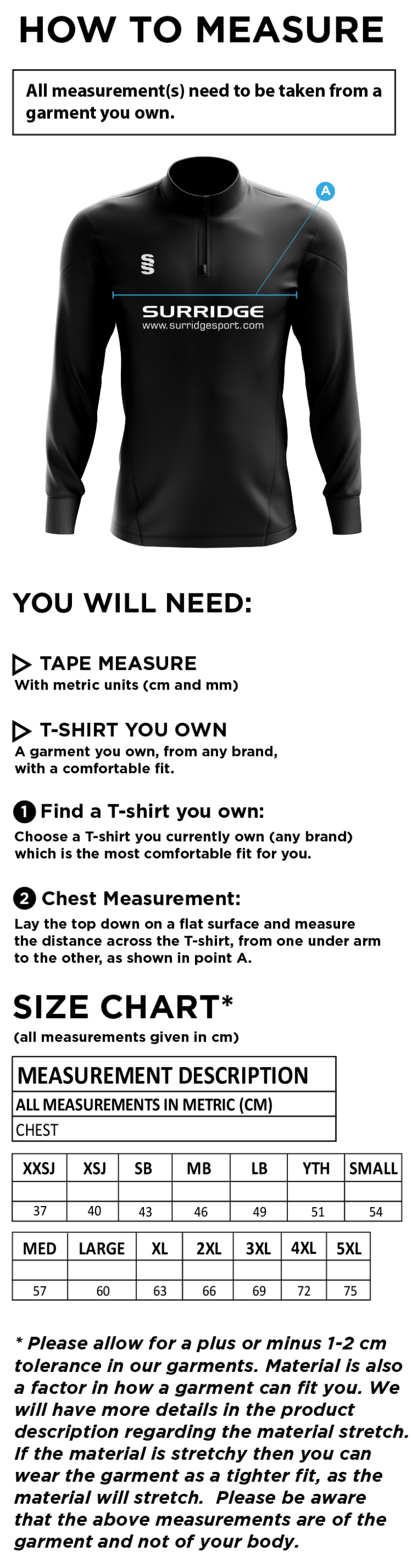 Old Woking CC - Blade Performance Top - Size Guide