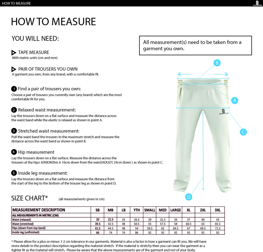 Old Woking CC - Standard Playing Pant - Size Guide