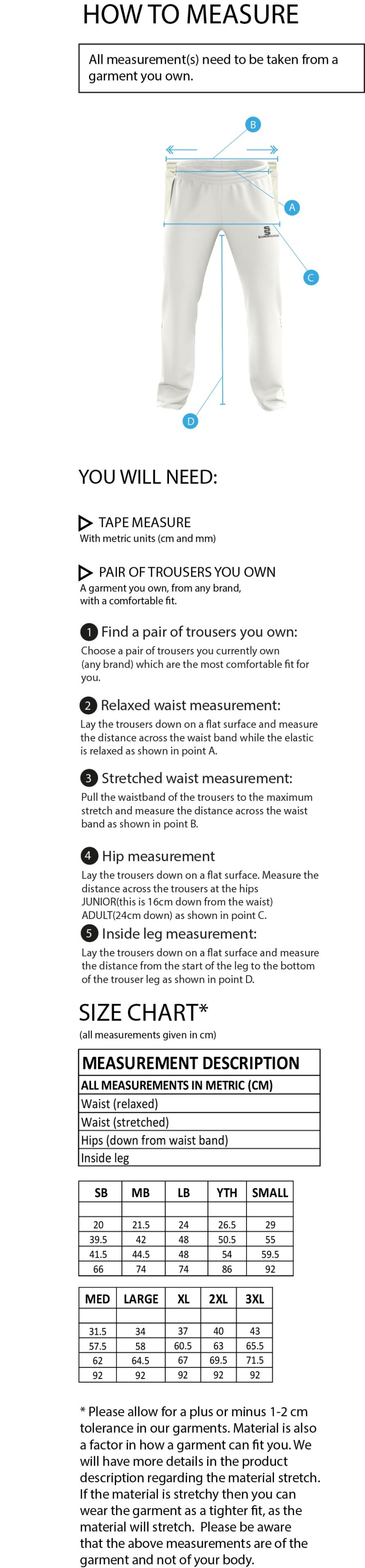 Old Woking CC - Standard Playing Pant - Size Guide