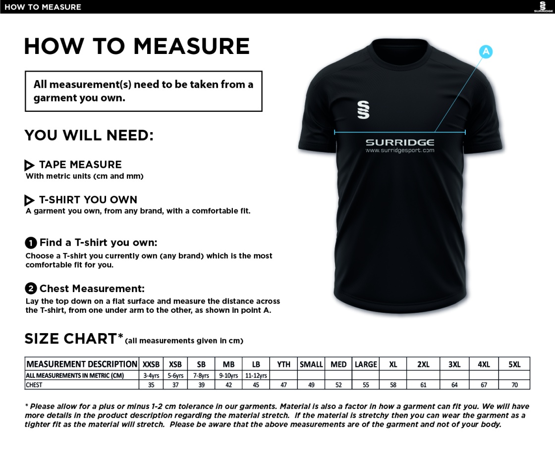 Old Woking CC - Blade Training Shirt - Size Guide