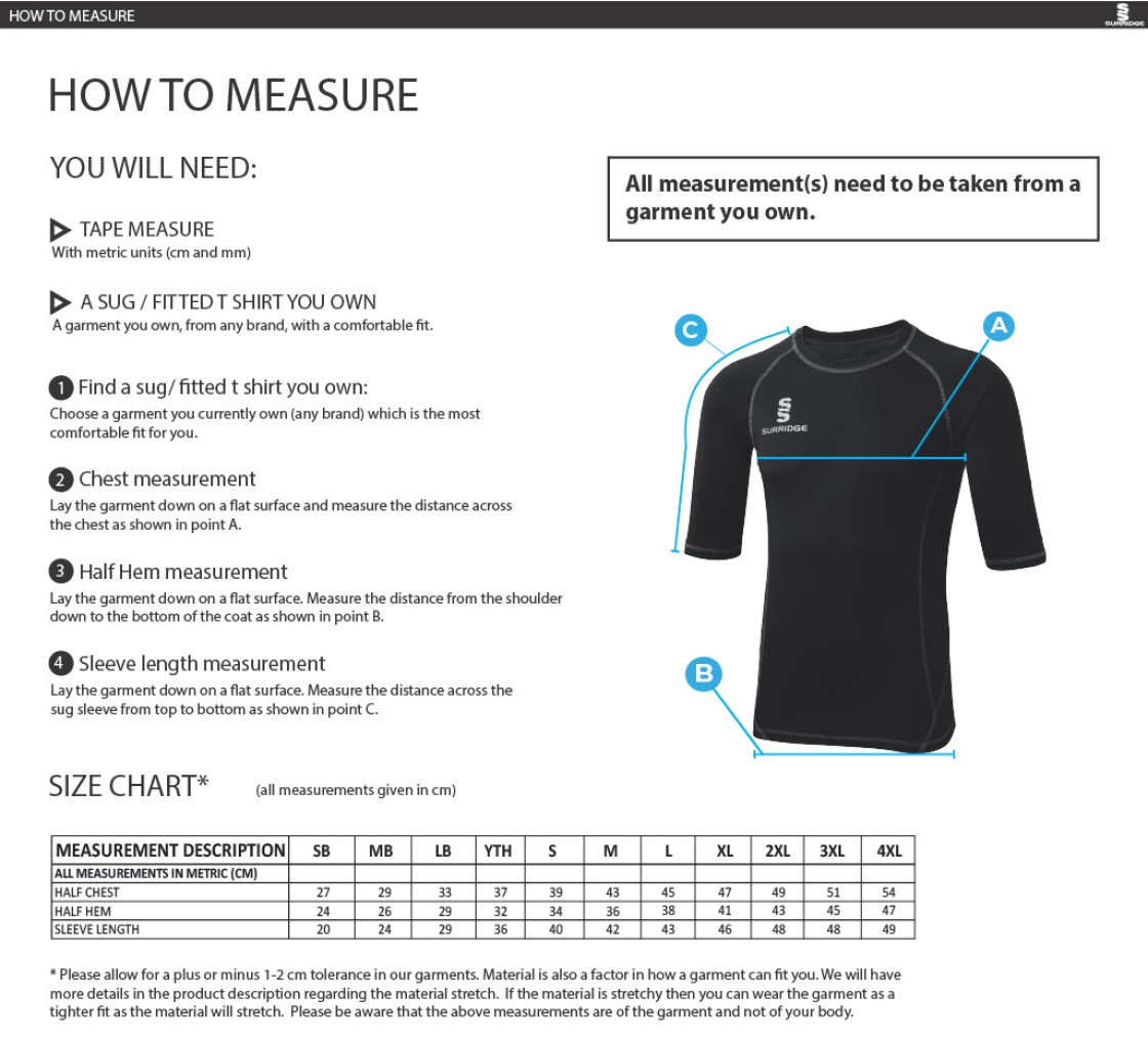 Old Woking CC - Premier Short Sleeve Sug - Size Guide