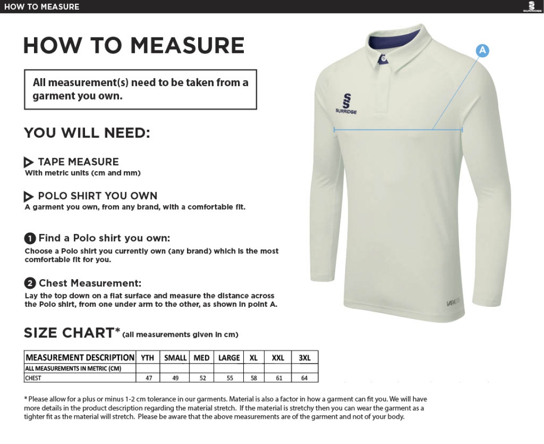 Old Woking CC - Ergo Long Sleeve Navy Trim Shirt - Size Guide