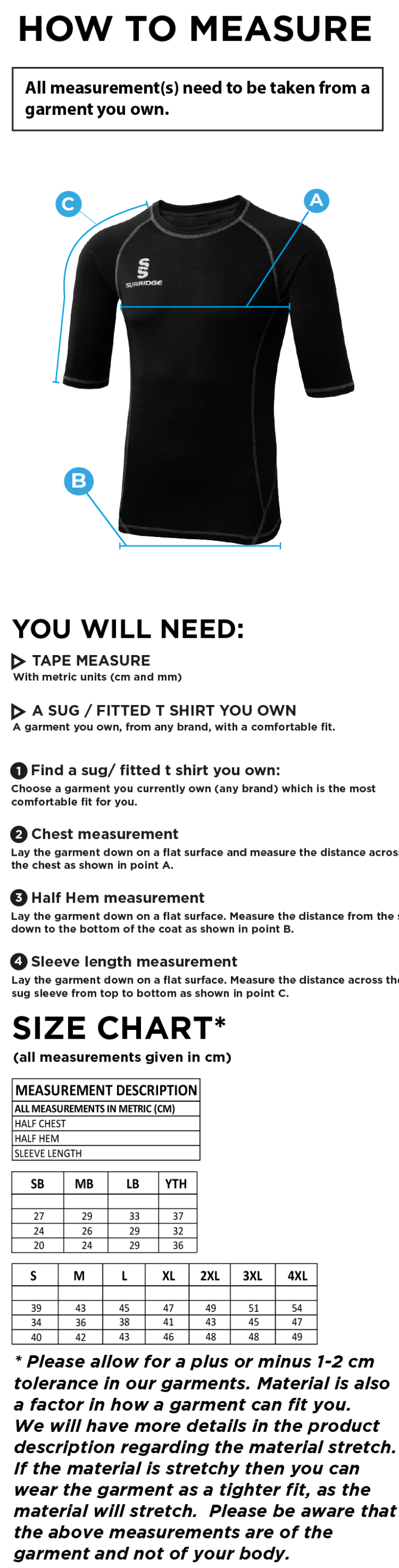 Old Woking CC - Premier Short Sleeve Sug - Size Guide