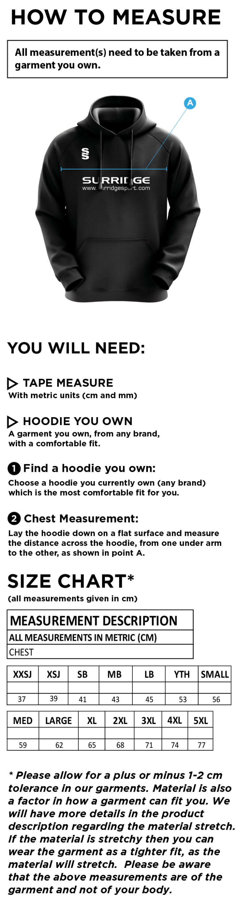 Old Woking CC - Fuse Hoody - Size Guide