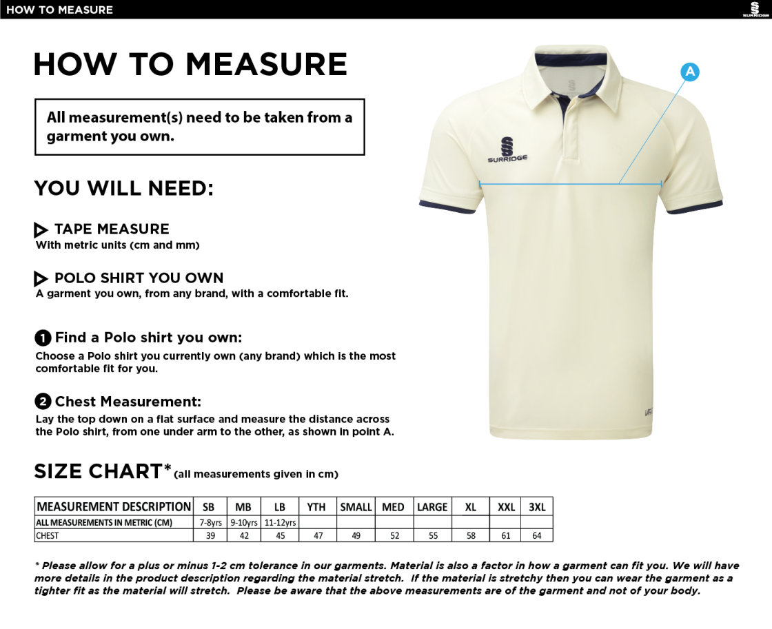 Old Woking CC - Ergo Short Sleeve Navy Trim Shirt - Size Guide