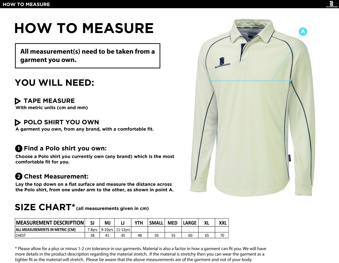 Old Woking CC - Premier Long Sleeve Navy Trim Shirt - Size Guide