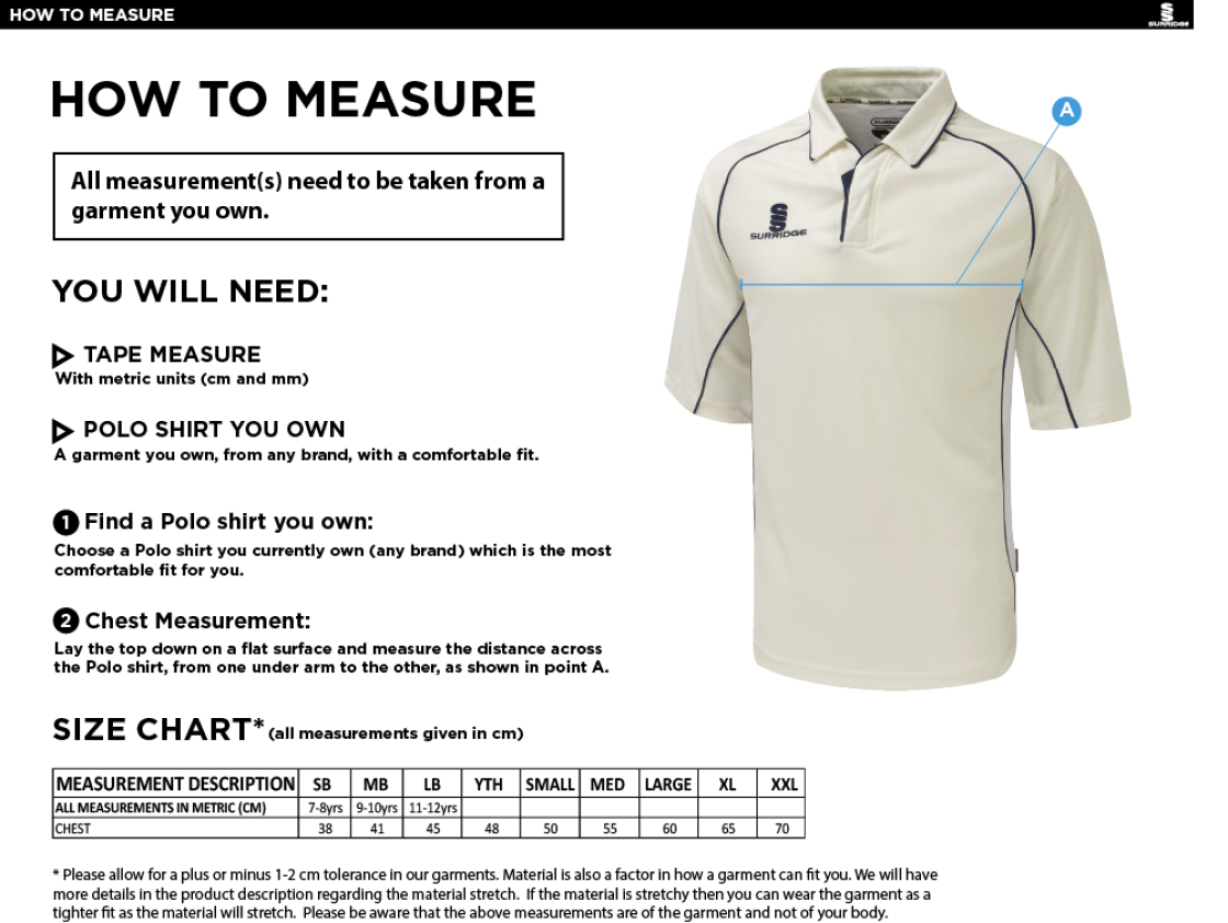 Old Woking CC - Premier 3/4 Sleeve Navy Trim Shirt - Size Guide