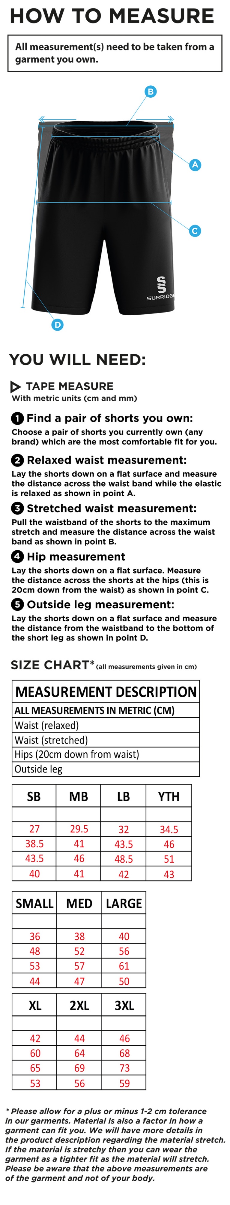 Old Woking CC - Ripstop Short - Size Guide