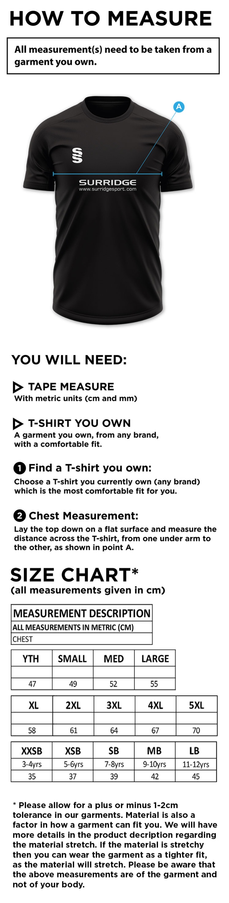 Old Woking CC - Blade Polo Shirt - Size Guide