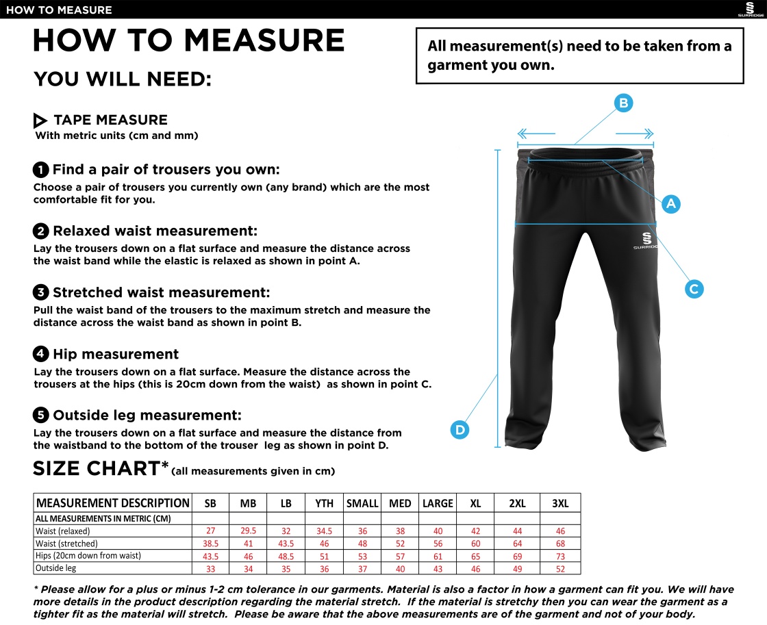Old Woking CC - Ripstop Track Pant - Size Guide