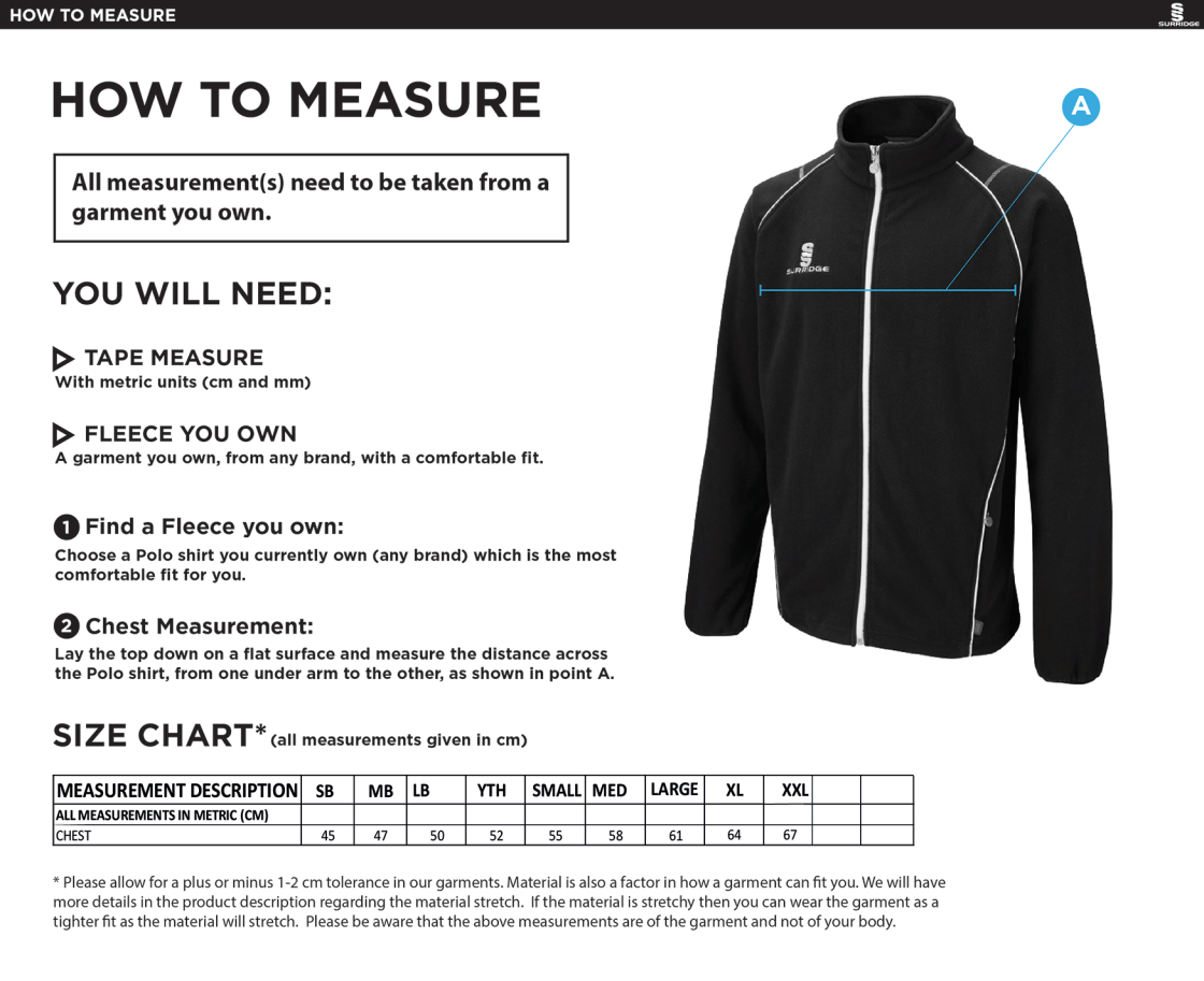 Old Woking CC - Full Zip Fleece Jacket - Size Guide