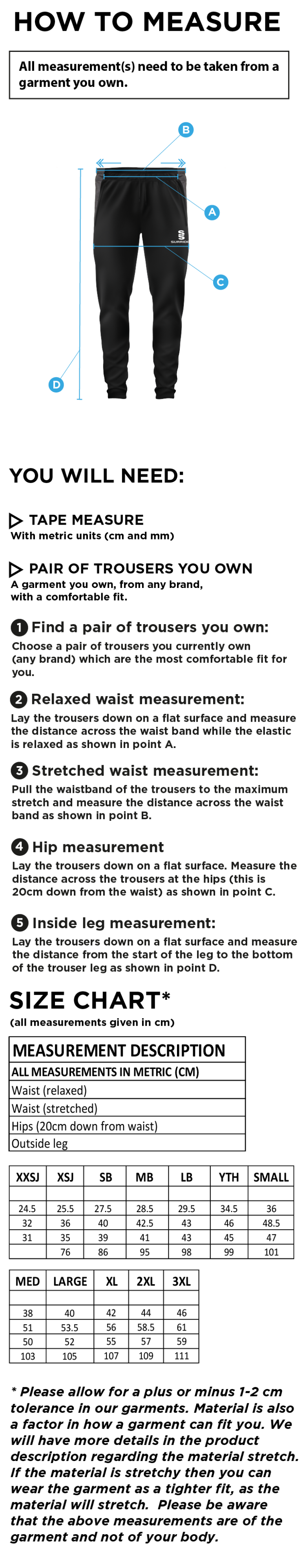 Old Woking CC - Tek Slim Pant - Size Guide