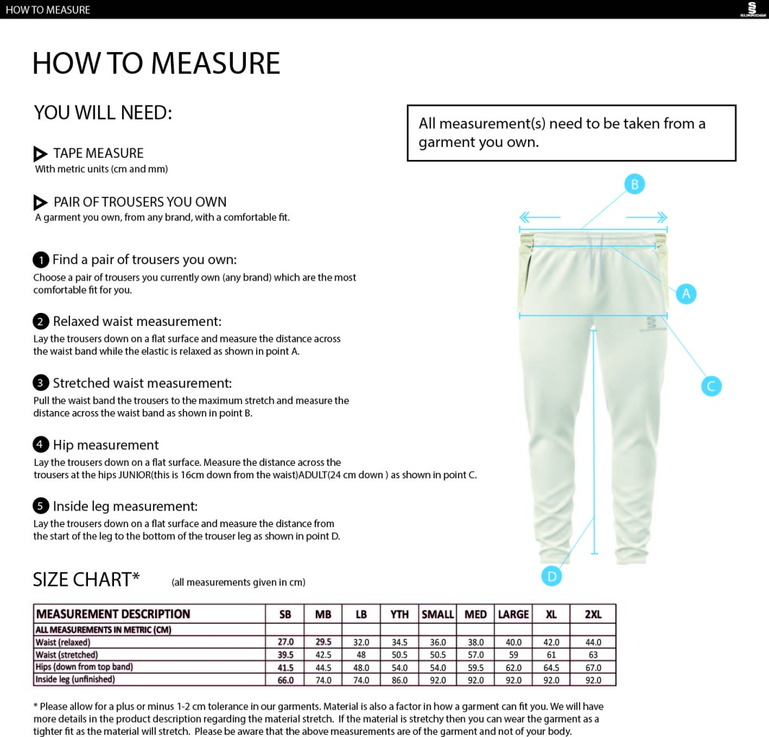 Old Woking CC - Tek Playing Pant - Size Guide