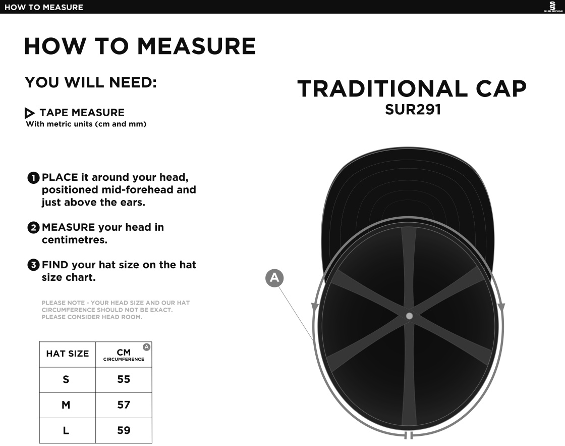 Old Woking CC - English Playing Cap - Size Guide