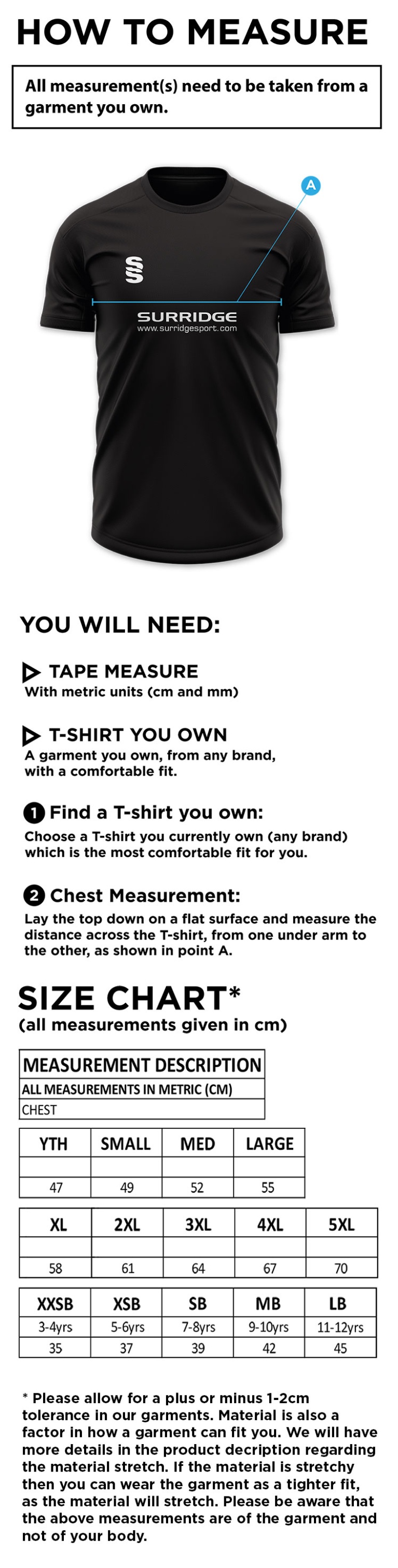 Old Woking CC - Blade Polo Shirt - Size Guide