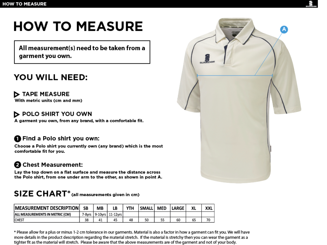 Old Woking CC - Premier 3/4 Sleeve Navy Trim Shirt - Size Guide