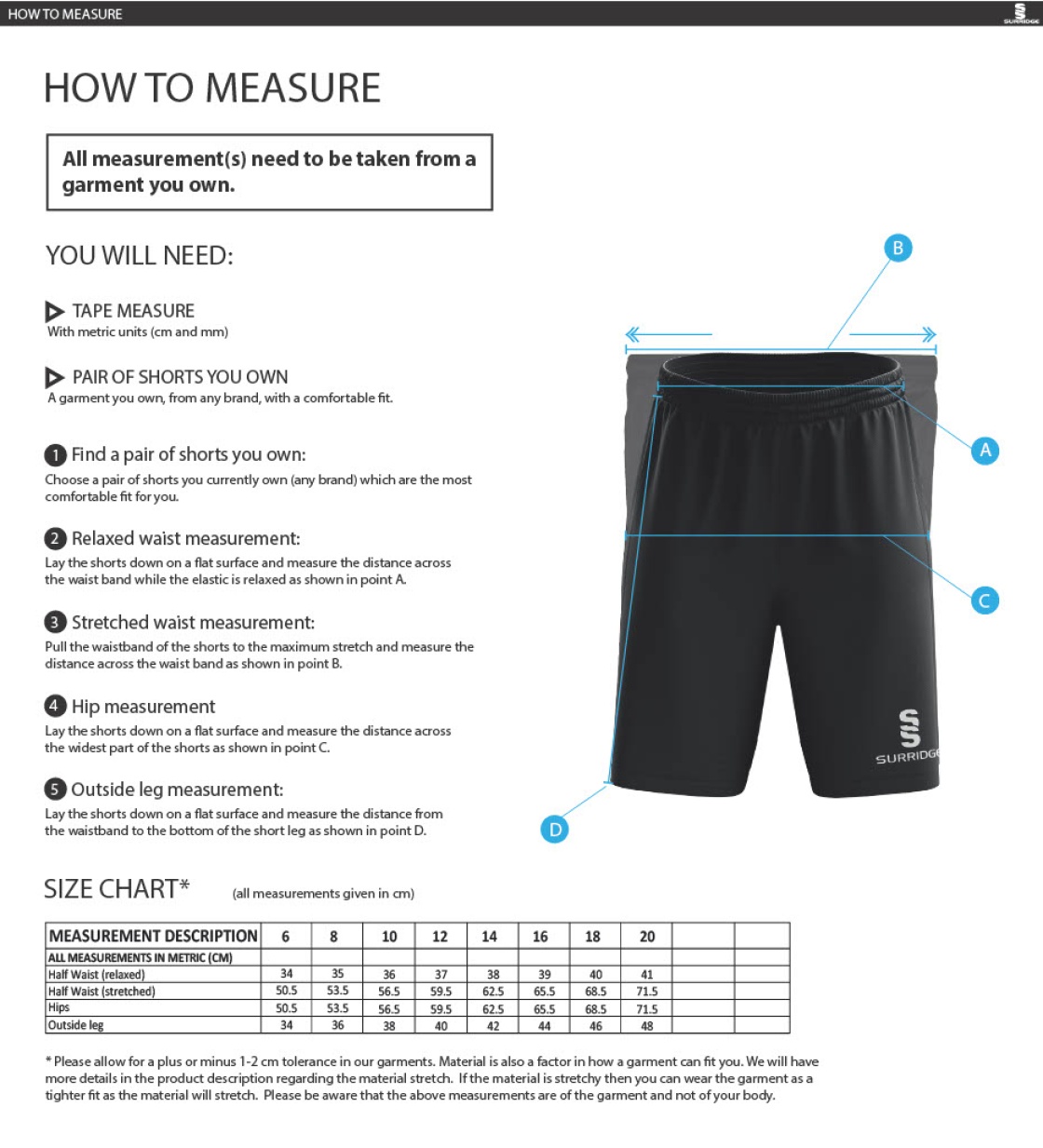 Old Woking CC - Women's Ripstop Pocketed Shorts - Size Guide