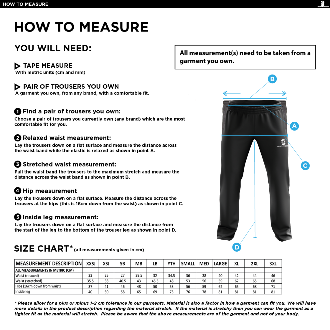 Old Woking CC - Poplin Track Pant - Size Guide