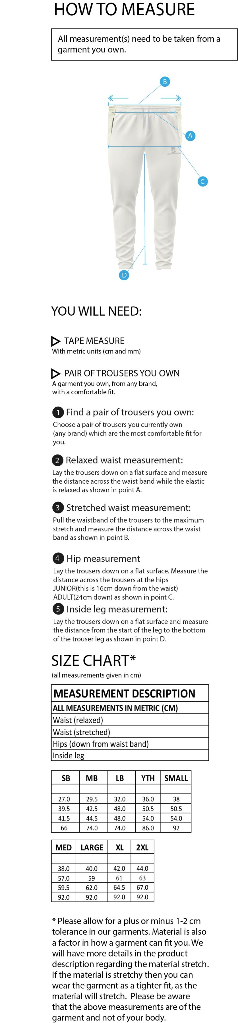Old Woking CC - Tek Playing Pant - Size Guide