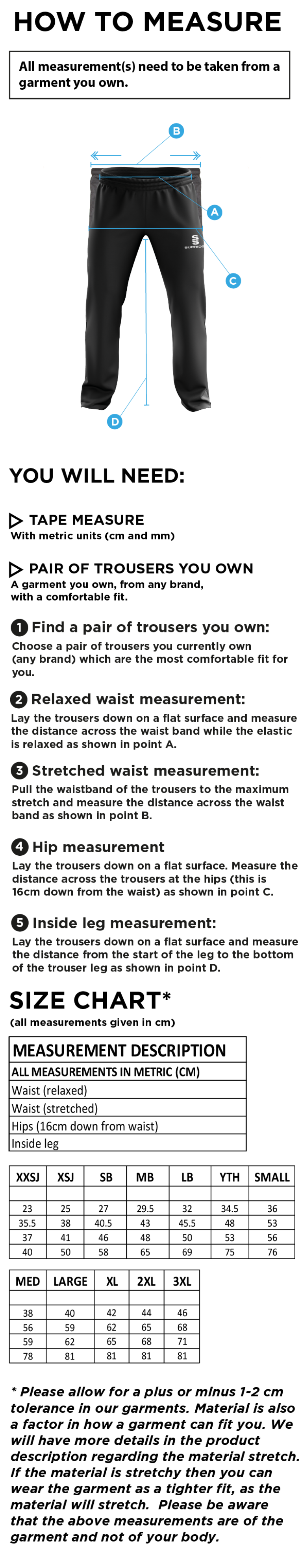 Old Woking CC - Poplin Track Pant - Size Guide